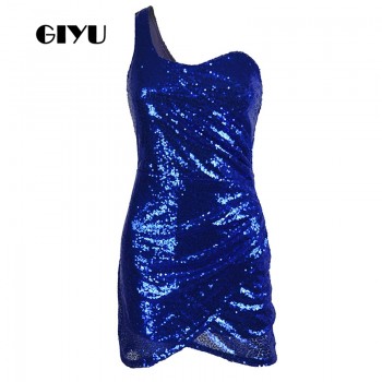 GIYU Women Dress Sequins Party Mini Dresses Slim Open Back Vestido de fiesta de noche Sexy Skinny One Shoulder Blue Champagne